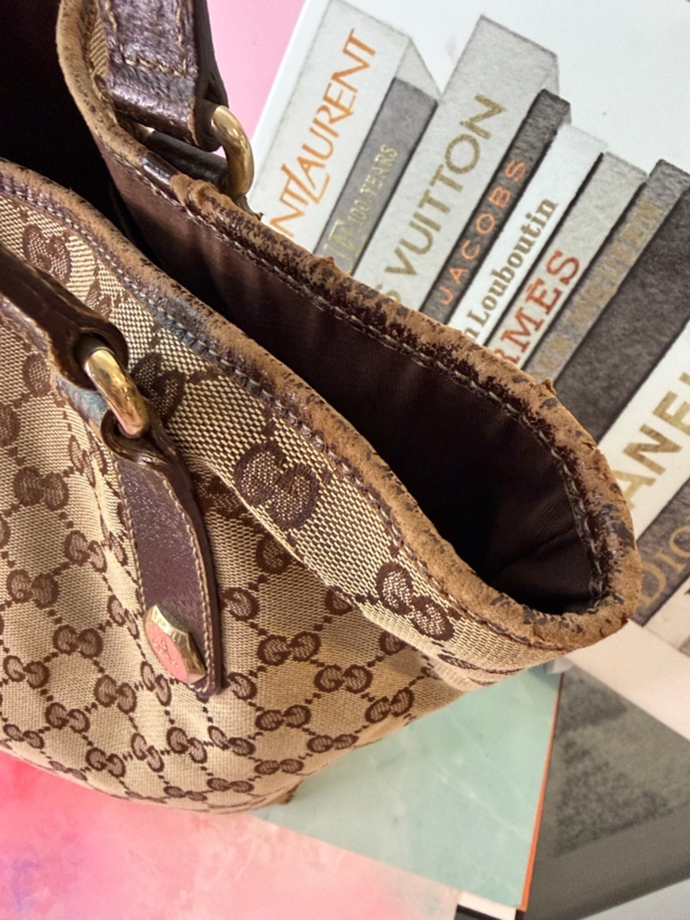 👜 Gucci GG Monogram Charmy Tote Bag Canvas & Leather Trim in Brown & Tan ✨ - Picture 11 of 16
